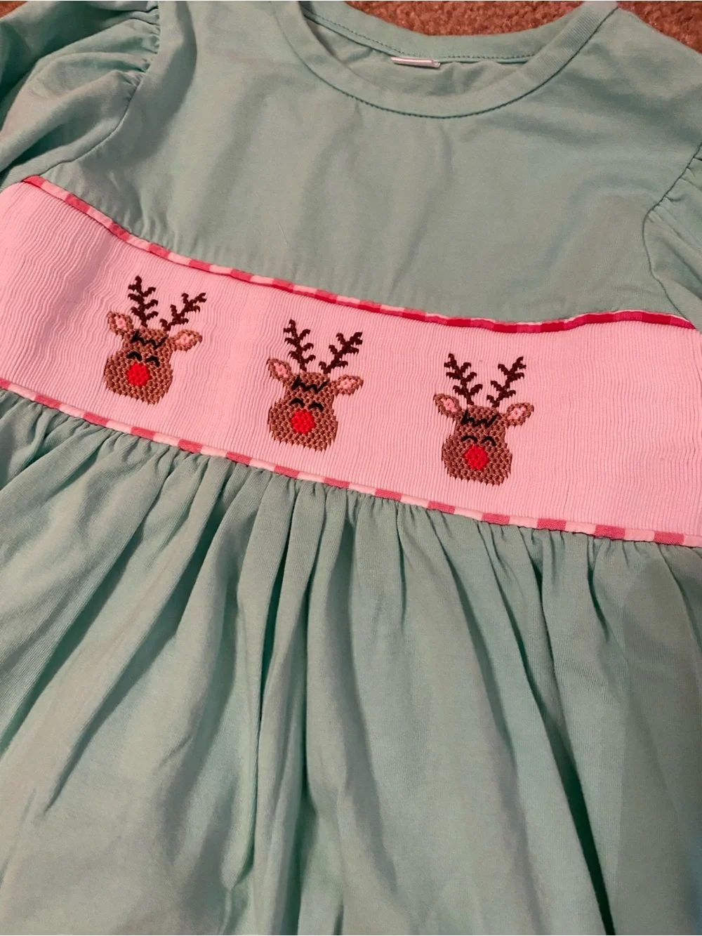 Girls Mint Green Reindeer Smocked Top & Red Gingham Set